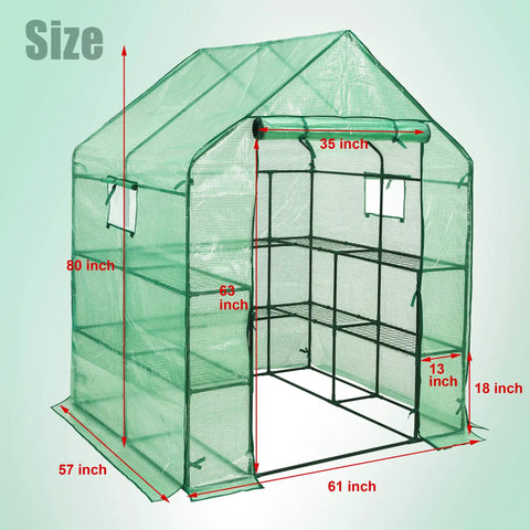 Walk-In Greenhouse With 57x61x80 Inch Footprint, 3 Tiers And 10 Shelves, Roll-Up Door And Observation Windows