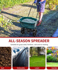 60 Lb Walk Behind Lawn And Garden Spreader For Seeds And Fertilizer With Easy Flow Control used on grass by a person