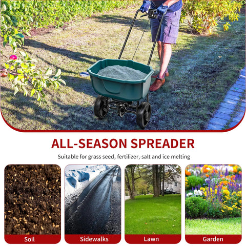 60 Lb Walk Behind Lawn And Garden Spreader For Seeds And Fertilizer With Easy Flow Control used on grass by a person