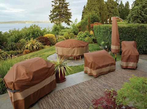 Outdoor furniture with brown waterproof covers, including the Ultimate Waterproof 80 Inch Chaise Lounge Chair Cover in Mocha Cappuccino.