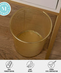 Top view of a Ryder Gold Mesh Metal Trash Can 4.5 Gallon Office Wastebasket With Non Slip Feet Lightweight Durable Mesh beside a desk.