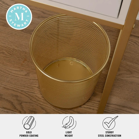 Top view of a Ryder Gold Mesh Metal Trash Can 4.5 Gallon Office Wastebasket With Non Slip Feet Lightweight Durable Mesh beside a desk.