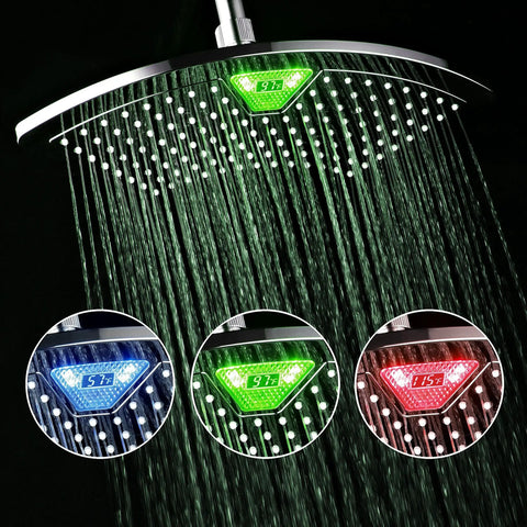 12 Inch Chrome Rainfall LED Shower Head With Color Changing LED LCD Temperature Display Curved Fan Design 123 Rub Free Jets