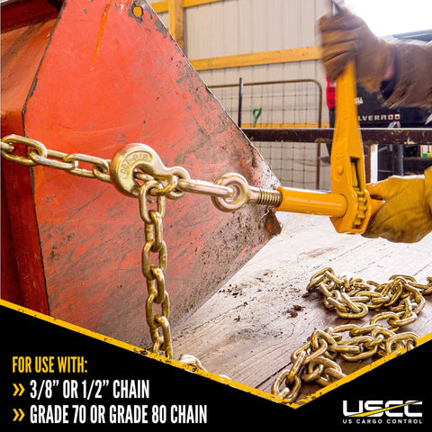 2 Pack Heavy Duty Ratchet Load Binders for 3/8 to 1/2 Inch Grade 70 Chain, 12,000 Lbs Working Load Limit in use on flatbed