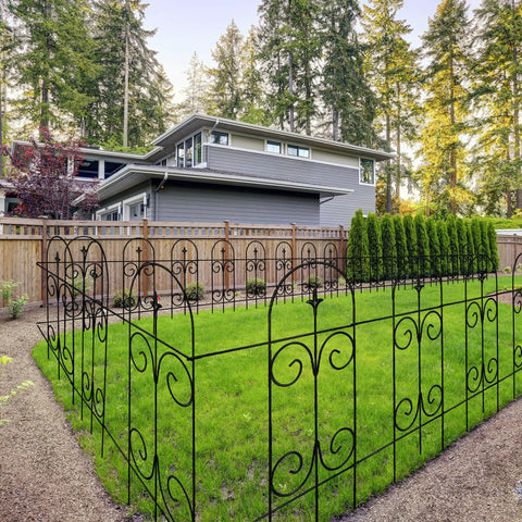 Installed Rustproof Wrought Iron Garden Fence Border 32 Inch High And 20 Feet Long Across 14 Panels No Dig Fence in yard