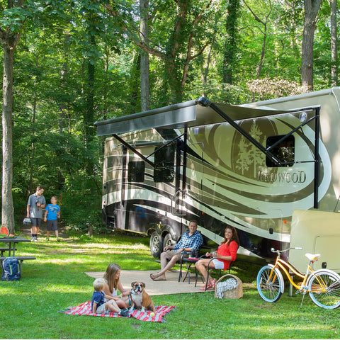 Family camping near RV with 40 Amp Power RV Awning Interior Switch Kit And Plate No Fuss Push Button Extend And Retract Universal Fit Durable