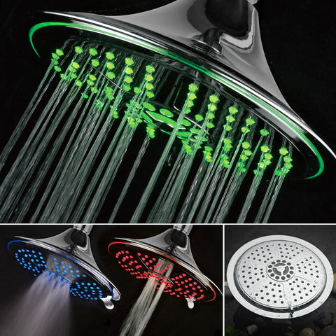 Ultra Luxe 8 Inch Rainfall LED Shower Head With Five Settings Chrome Face Water Powered Color Changing Temperature LEDs