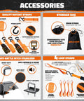 Accessory set including quality ratchet straps, storage bag, anti-rattle hitch stabilizer, and loop straps for secure E-bike transport.