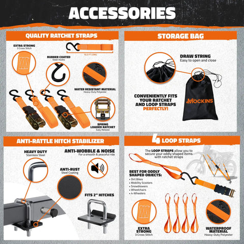 Accessory set including quality ratchet straps, storage bag, anti-rattle hitch stabilizer, and loop straps for secure E-bike transport.