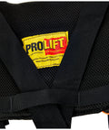 Close-up of PROLIFT shoulder dolly strap with yellow patch on black padded mesh.
