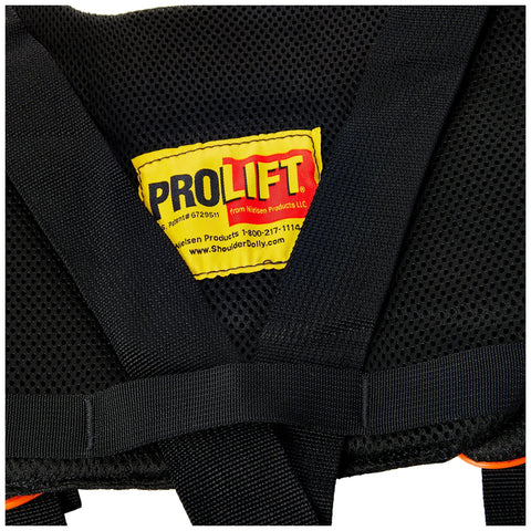 Close-up of PROLIFT shoulder dolly strap with yellow patch on black padded mesh.