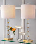 2-Pack 28.5-Inch Clear Crystal Table Lamps With Brass Gold Accents, Dope Modern Glam Geometric Bedside Lamps, White Linen Drum Shade