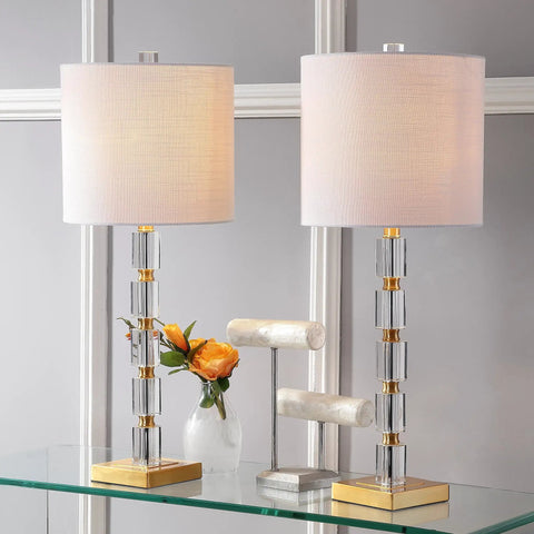2-Pack 28.5-Inch Clear Crystal Table Lamps With Brass Gold Accents, Dope Modern Glam Geometric Bedside Lamps, White Linen Drum Shade