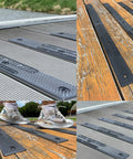 Collage of black Stair Treads 16 By 2 Inch Non Slip With Screws Down Strip on wood and composite surfaces outdoors with foot grip.