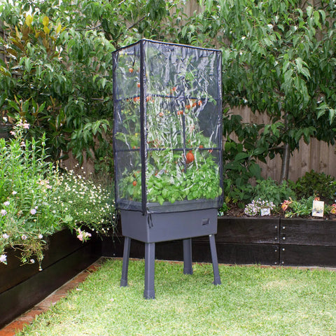 Self Watering Vertical Garden Tower With Trellis Frame And Greenhouse Cover For Vegetables And Flowers 4.35 Gallon Water Reservoir