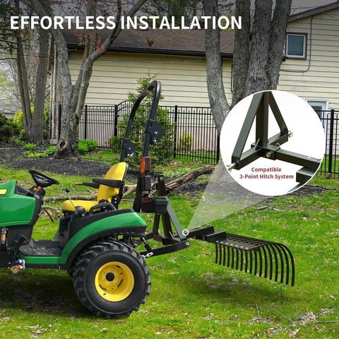 Tow Behind Landscape Rake With 48 Inch Working Width, 17 Steel Tines, 2 Inch Receiver installed on tractor with 3 point hitch