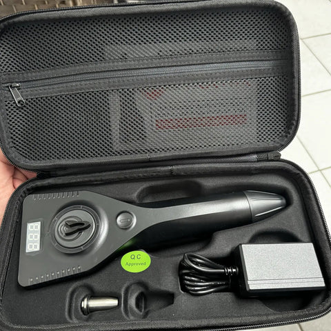 At Home Shockwave Therapy Device For Men To Bust Erectile Dysfunction And Kickstart Penile Blood Flow Naturally For Smooth Performance And Unshakable Confidence Every Day in a portable case with digital interface and charger.