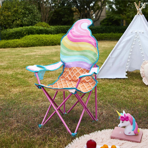 Ice Cream Themed Kids Folding Camp Chair With Cup Holder And Carry Bag Lightweight Portable Seat For Indoor And Outdoor Use