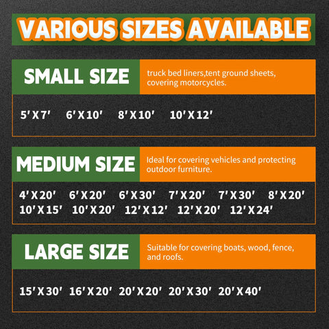 Various sizes chart for Heavy Duty 8x10 Feet Tan Tarp With 12 Mil Waterproof Poly Coverage, UV Resistant And Weatherproof.