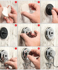 Step-by-step installation of clear adhesive mounting discs for suction cups on wall. Focus on clear disc and attachment.