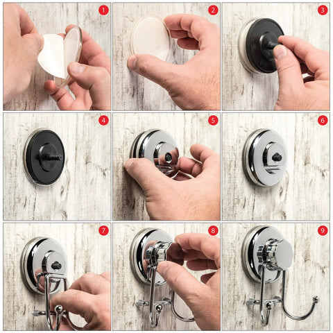 Step-by-step installation of clear adhesive mounting discs for suction cups on wall. Focus on clear disc and attachment.