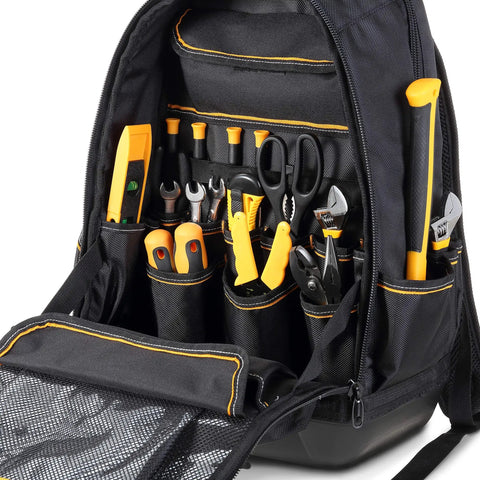 35-Pocket Solid Molded Base Heavy-Duty Tool Backpack With Waterproof Reinforced Bottom Laptop Compartment Padded Back Support