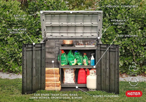 Heavy Duty Black Resin Outdoor Storage Shed With Double Doors And Smooth Roll Tracks For Trash Cans Garden Tools Pool Toys And Yard Gear Real Deal Backyard Flex