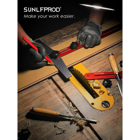 Premium Adjustable Stair Tread Template And Rock Solid Woodworking Gauge For Hella Easy Measurements With Adjustable Length Extensions For Any Floor Leveling Or Deck Project That Delivers Big Time Accuracy On Site, shown with tools on wooden surface.