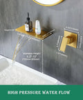 Wall Mount Waterfall Bathroom Sink Faucet In Gold Brass With Wide Spout Wall Mounted Bathroom Faucet Featuring Upgrade Rough In Valve Body For Easy Install And Leak Free Performance, shown with high pressure water flow