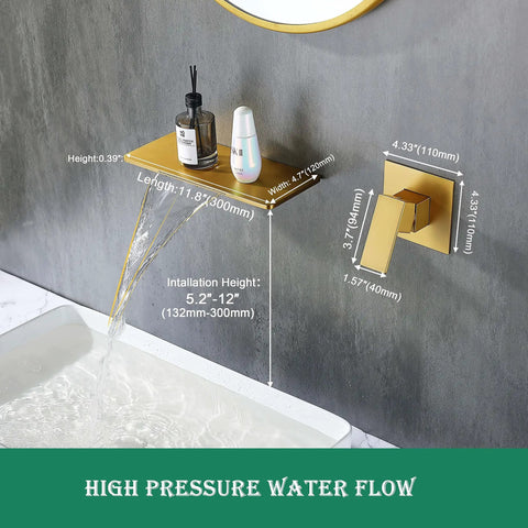 Wall Mount Waterfall Bathroom Sink Faucet In Gold Brass With Wide Spout Wall Mounted Bathroom Faucet Featuring Upgrade Rough In Valve Body For Easy Install And Leak Free Performance, shown with high pressure water flow