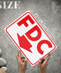 Heavy Duty FDC Sign With Down Arrow 18 X 12 Inch 0 040 Aluminum Fire Department Connection Plate, hand-held for size demonstration.