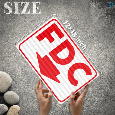 Heavy Duty FDC Sign With Down Arrow 18 X 12 Inch 0 040 Aluminum Fire Department Connection Plate, hand-held for size demonstration.