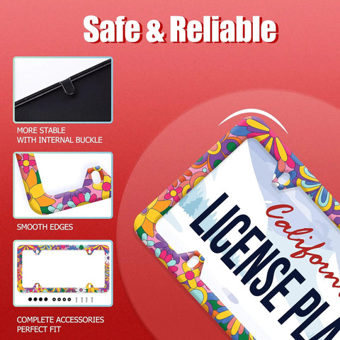 Colorful Floral Stainless Steel License Plate Frame For Cars, Cute Flower Design, Hip Vibe, Non Blocking And Street Legal