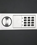 Hidden In Wall Safe With Electronic Keypad And Two Manual Override Keys For Home Or Office, close-up of keypad and lock dial