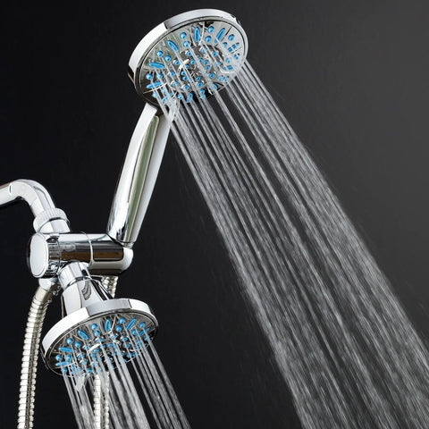Dual head view of Antimicrobial Anti-Clog High-Pressure Shower Head With 30-Setting Spray Microban Nozzle Protection in action