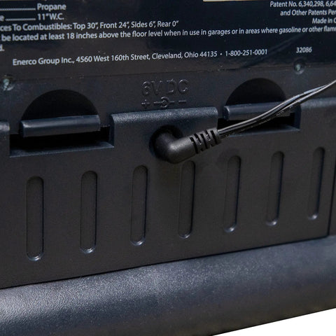 Back view of heater showing 6 Volt Power Adapter For Big Buddy Heater And Tough Buddy AC Outlet Power Supply plugged in