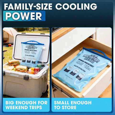 Reusable Ice Packs For Coolers, Large Leakproof Ice Bags in cooler and in drawer, pack of 2, showing storage and usage