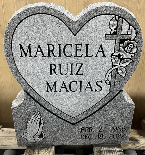 Heart Cemetery Memorial Headstone And Base With Two Design Options, Custom Engraved Gray Granite Upright Monument with engravings.