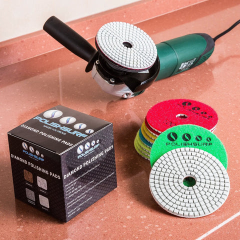 4 Inch Diamond Pro Grade Polishing Pads Wet And Dry Set Of 11 Plus 1 Backer Pad with polishing tool on granite surface