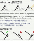 Instructions for using Heavy Duty Tent Stakes 12 Inch Pack Of 4 With Camp Rope Guy Lines And Storage Bag featuring diagrams and text.