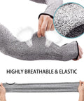 Heavy Duty Cut Resistant Arm Sleeves With Thumb Hole 18 Inch Anti Abrasion Safety Arm Guard shown stretched and breathable