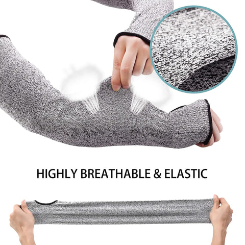 Heavy Duty Cut Resistant Arm Sleeves With Thumb Hole 18 Inch Anti Abrasion Safety Arm Guard shown stretched and breathable