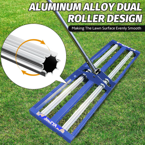 Leveling Rake With Beefy Aluminum Roller And Stainless Steel Core, 40 By 10 Inch Heavy Duty Lawn Tool shown on grass