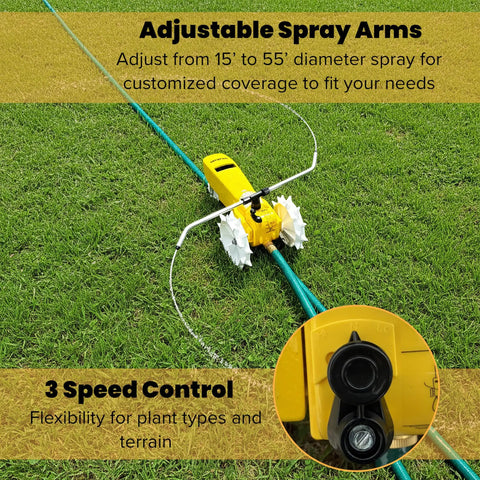 Traveling Sprinkler That Rolls Across Large Lawns Up To 13,500 Sq Ft Cast Iron Outdoor Water Sprinkler in yellow on grass