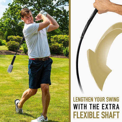 Golf Swing Tempo Trainer Warm Up Tool 48 Inch for consistent rhythm and balance, weighted head, golfer swinging on green