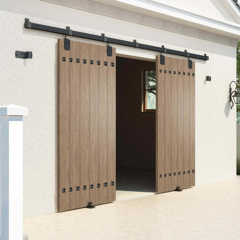 20 Foot Heavy Duty Box Rail Exterior Sliding Barn Door Hardware Kit With 450 Lbs Capacity Black Powder Coat Finish installed outdoors