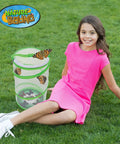 Girl with Butterfly Growing Kit For Kids Hands On Live Caterpillars To Butterflies Project With Green Pop Up Enclosure