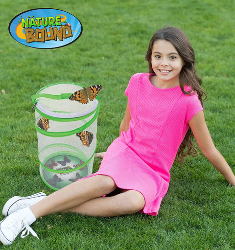 Girl with Butterfly Growing Kit For Kids Hands On Live Caterpillars To Butterflies Project With Green Pop Up Enclosure