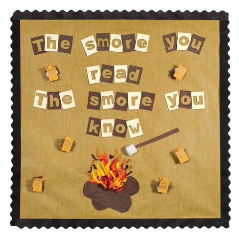 Bulletin board with Black Dope Decorative Border Roll 2.25 Inch By 50 Foot Pre Scalloped Corrugated Border Edges showing campfire theme