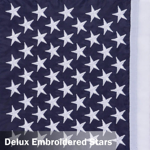 Close-up of embroidered stars on Two Pack American Flag Garden Flags Embroidered 12 By 18 Inches Deluxe Stars And Stripes USA